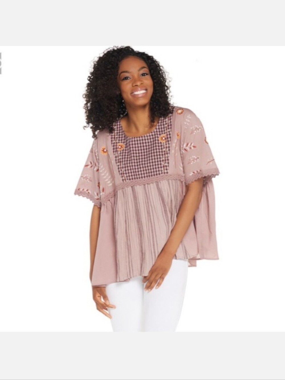 Logo Lavish Lori Goldstein Embroidered Peasant Top Cottagecore Mauve pink M/L